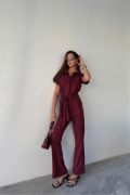 ÇİZGİLİ POLYVİSKON BLUZ - PANTOLON TAKIM - Bordo resmi